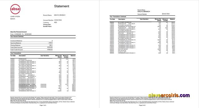 Kenya Absa bank statement Word and PDF, 2 pages